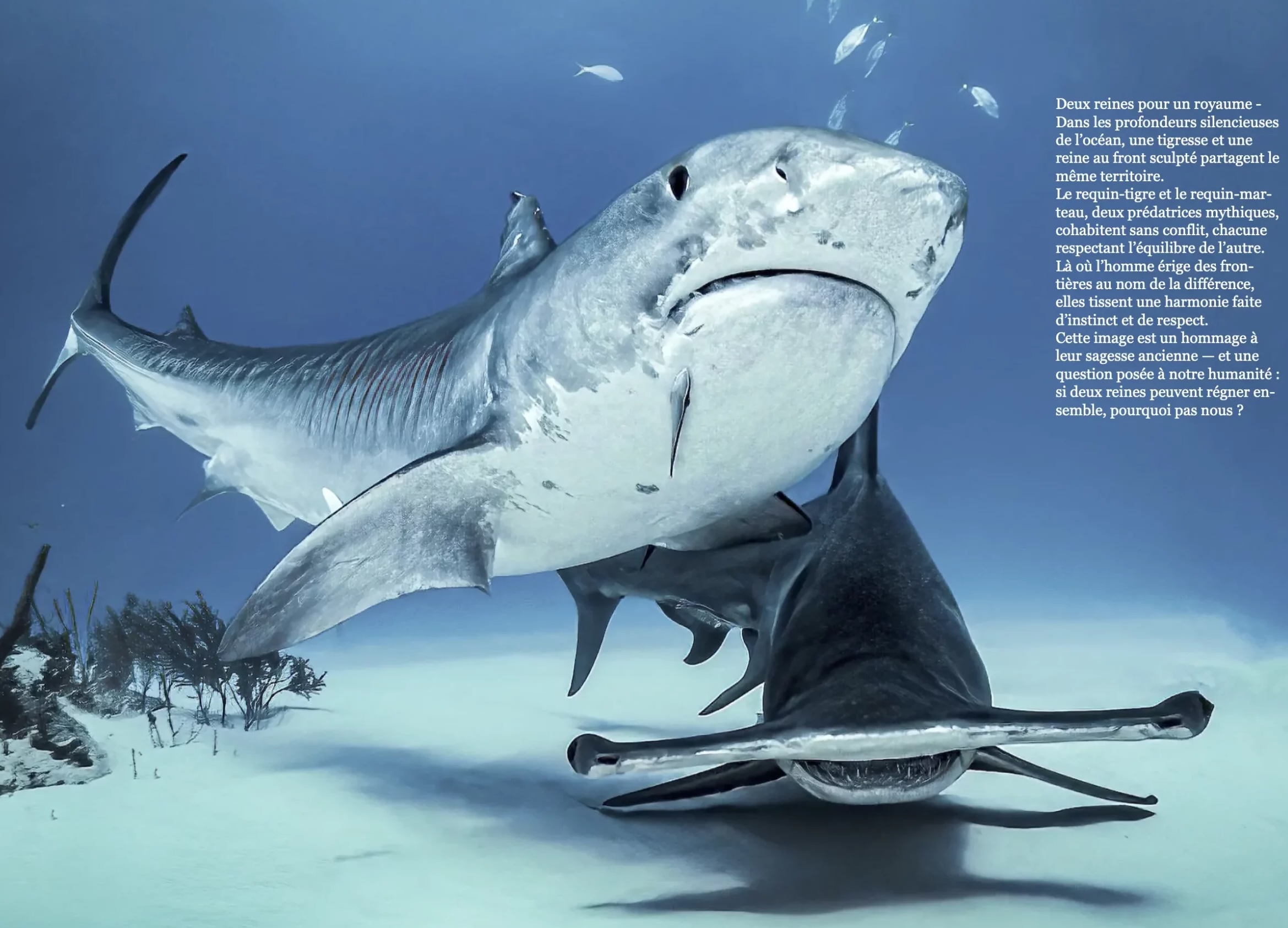 Double page du livre Sound of Silence consacrée aux requins