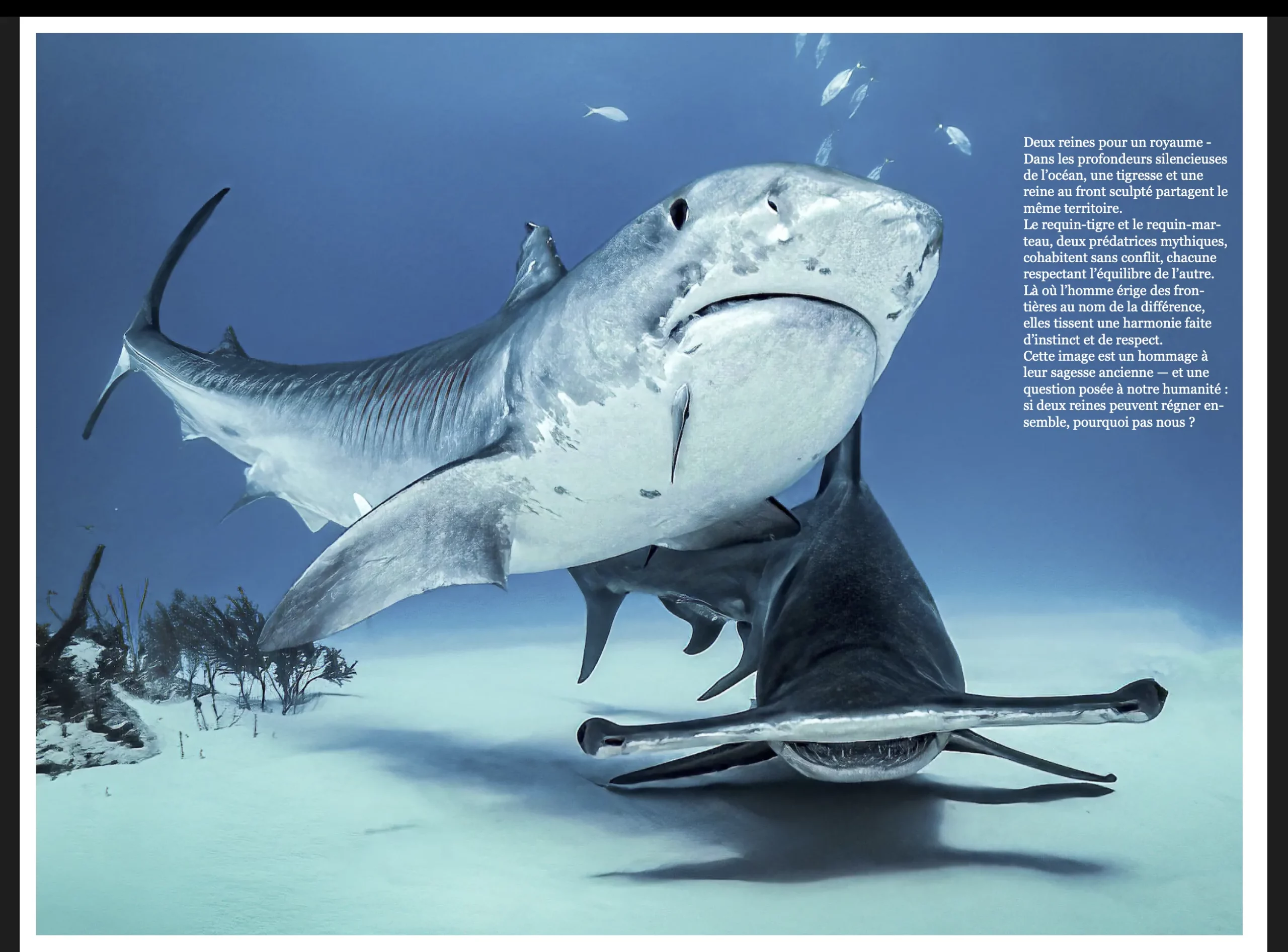 Double page du livre Sound of Silence consacrée aux requins